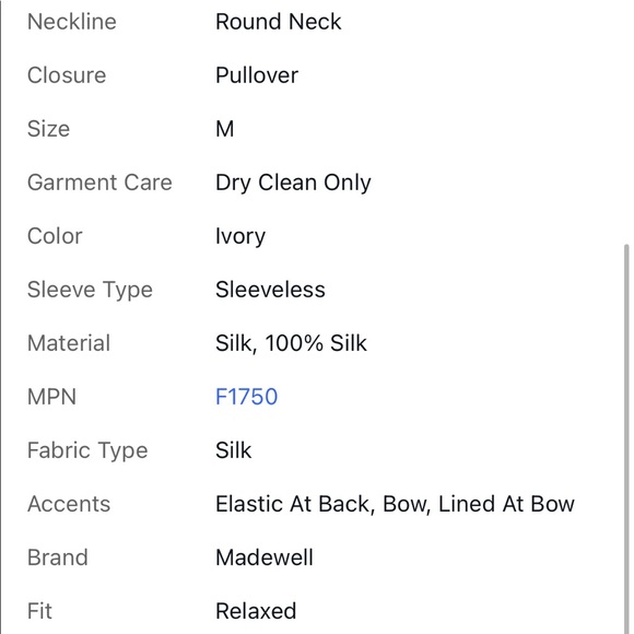 NWT Madewell Womens Sz M 100% Silk Lookout Bow Back Top F1750 $88 Ivory - Picture 8 of 9